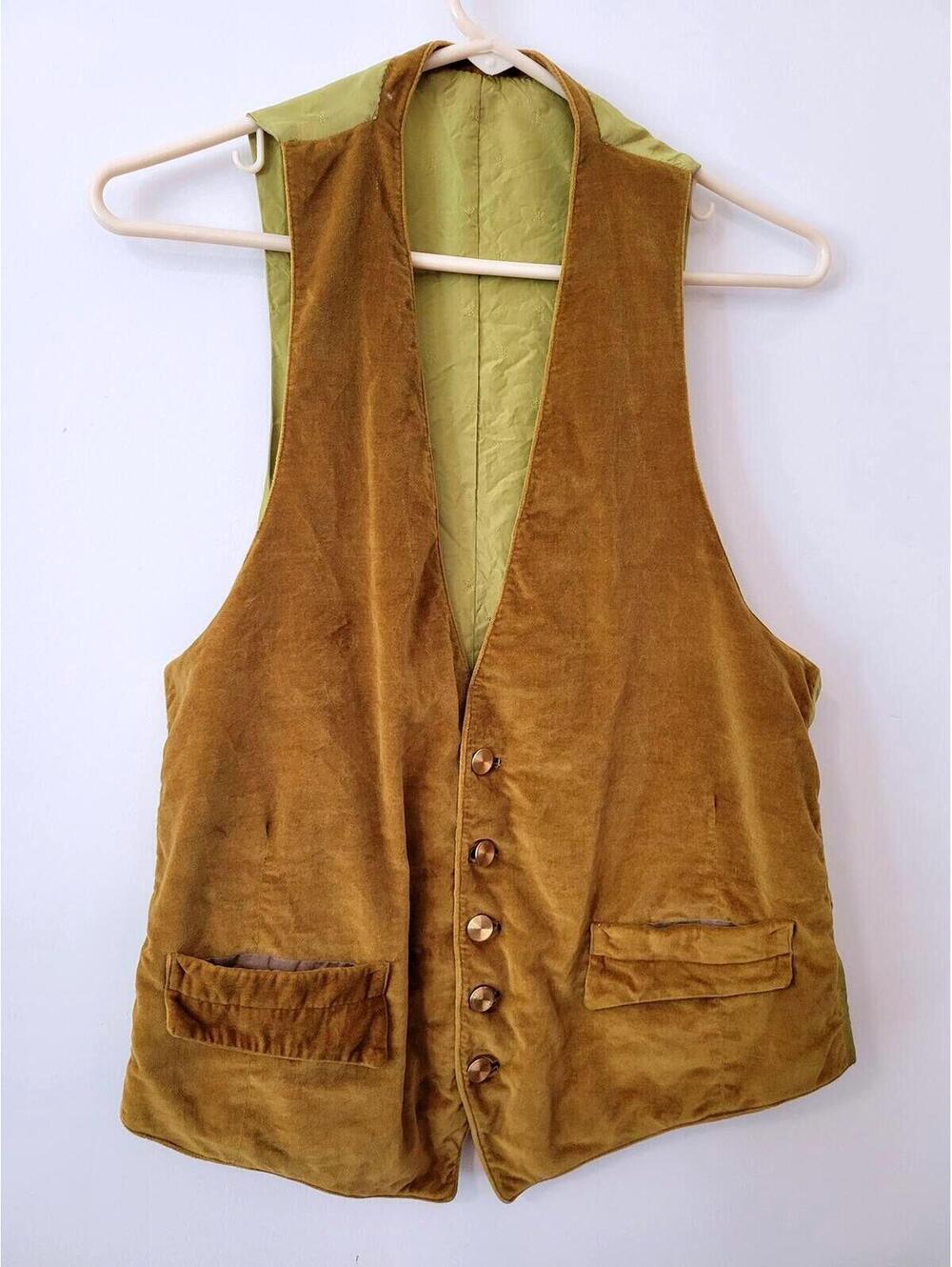 Vintage Mustard Gold Velvet Button-Up Vest with Pockets